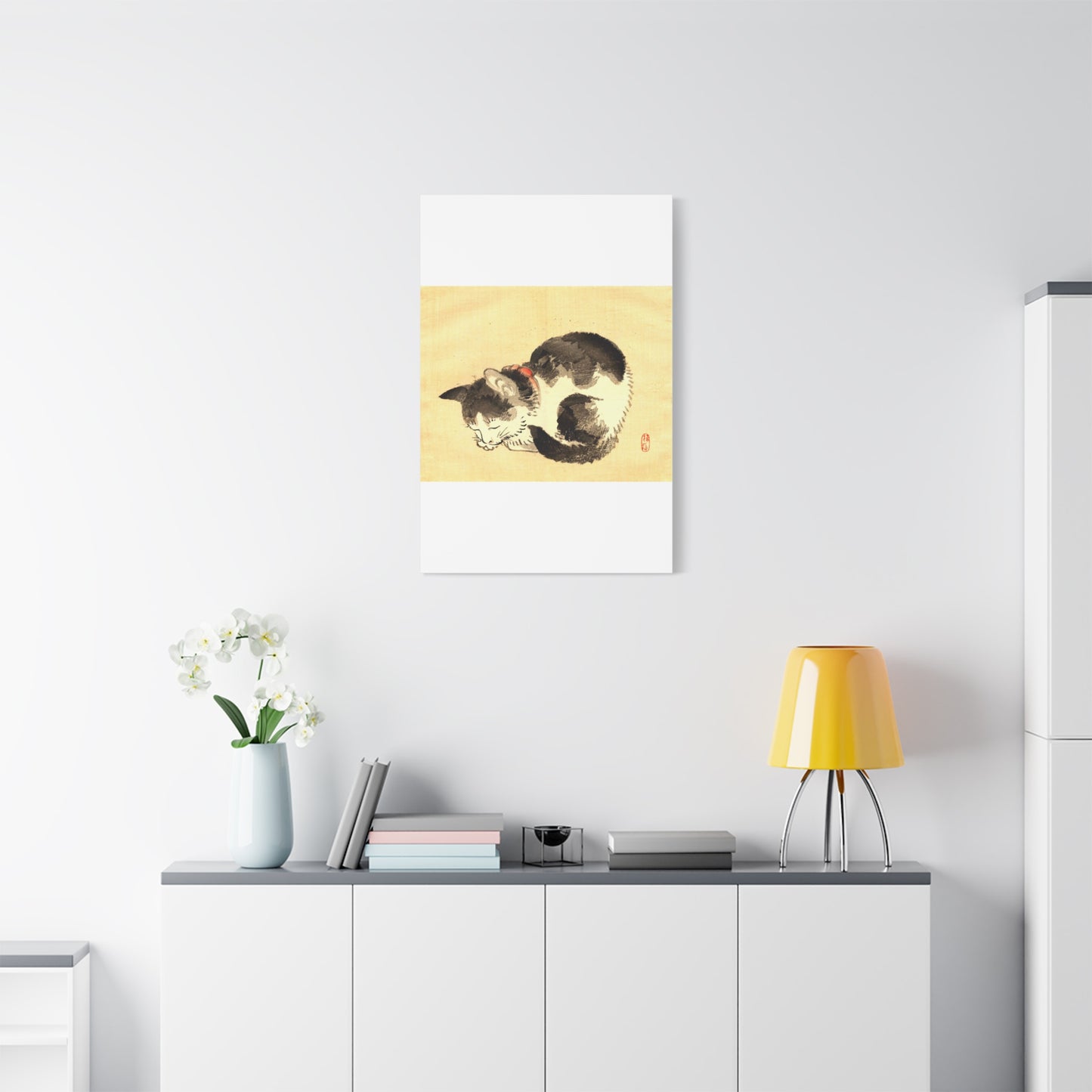 Sleeping Cat Vintage Sumi-e Canvas Print — Japanese Ink Cat Wall Art